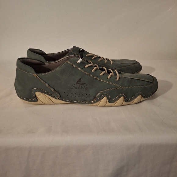 Salkin Men's Slip On Dark Green and Cream Athletic Shoes with Bungi Laced - Picture 1 of 6
